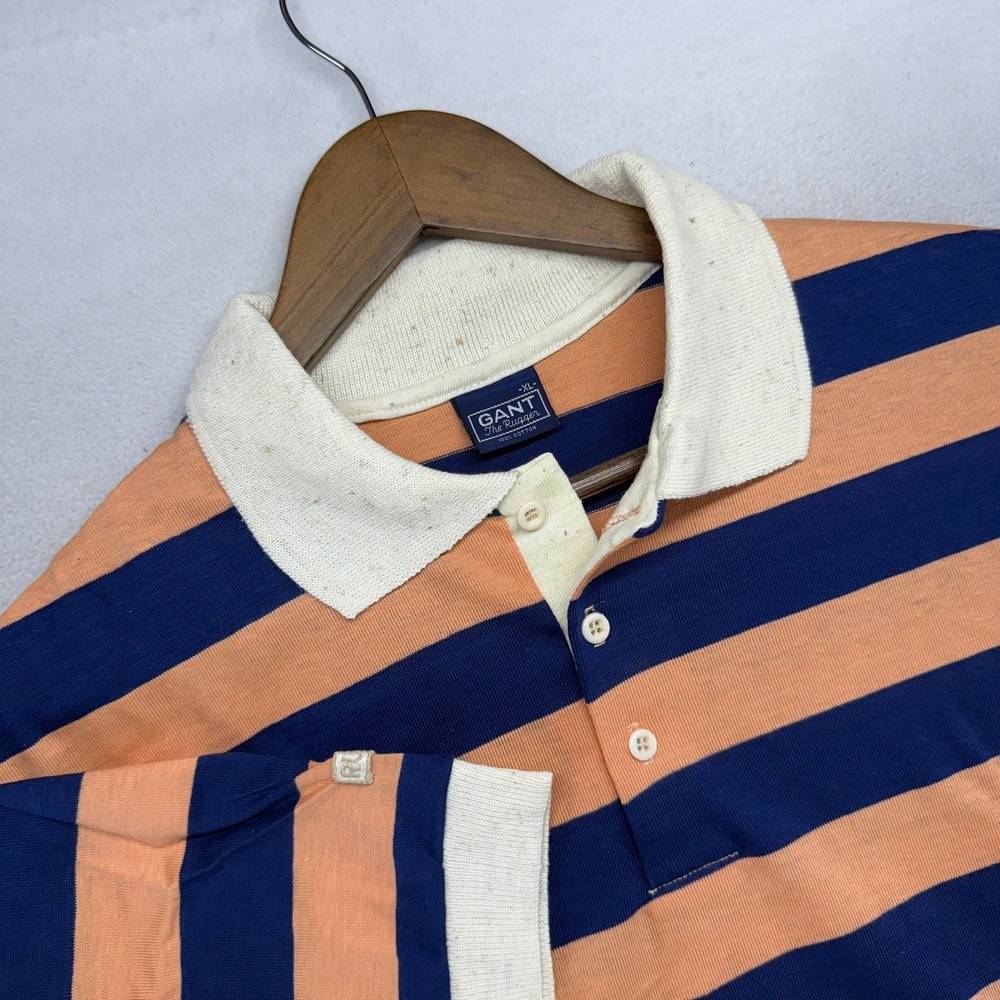 Vintage Gant Polo Shirt Mens XL Pink Blue The Rugger Striped Knit Colorblock 70s